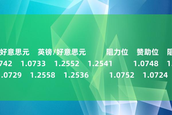 欧元/好意思元    英镑/好意思元          阻力位    赞助位    阻力位    赞助位          1.0742    1.0733    1.2552    1.2541          1.0748    1.0729    1.2558    1.2536          1.0752    1.0724    1.2563    1.2530          